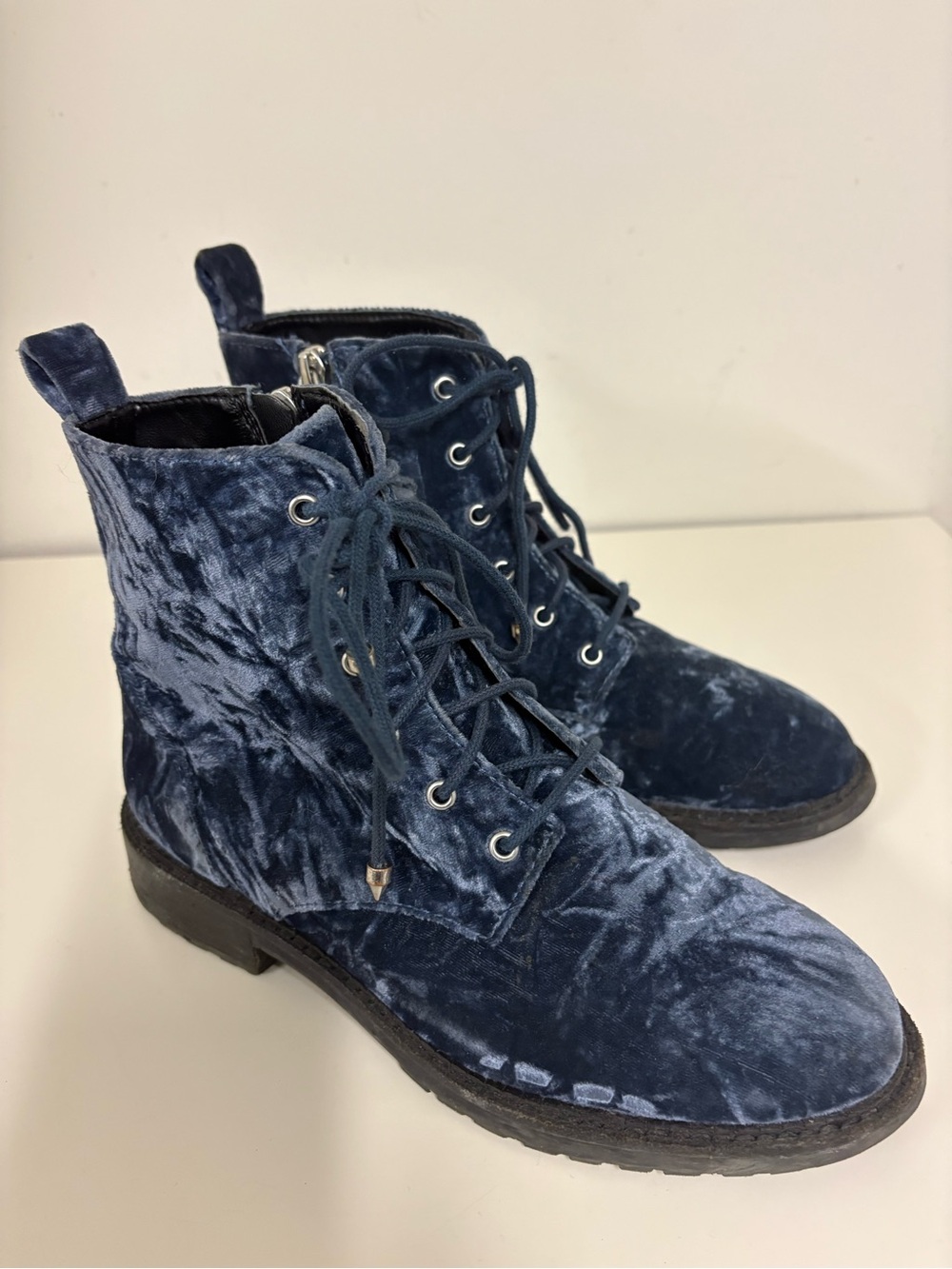Rebecca Minkoff Blue Crushed Velvet Lace-Up Ankle Boots